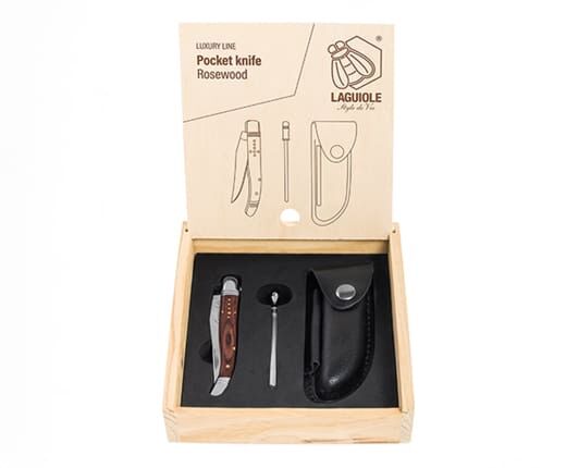 Zakmes Rozenhout met leren hoes en aanzetstaal main product photo
